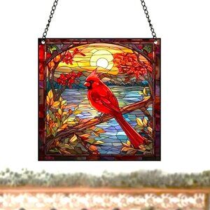 Cardinal Suncatcher Red Bird Square Metal Hanging Chain Indoor Outdoor Heaven